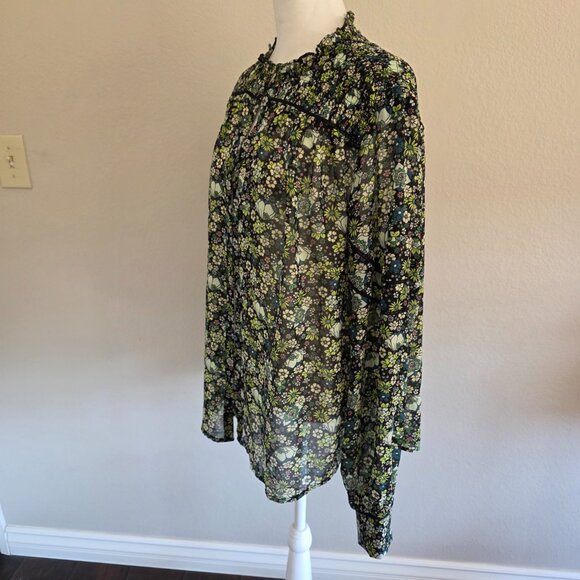 Scotch & Soda Amsterdam Green Floral Blouse Smocked Button Front Lightweight XL - Picture 3 of 8